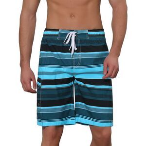 Men's Drawstring Stripes Printed Color Block Beach Pool Board Shorts Blue